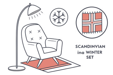Scandinavian winter interior set with armchair and rug