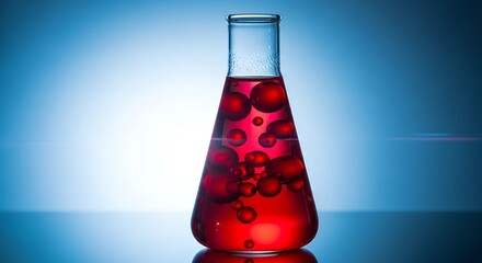 Erlenmeyer flask with red liquid and bubbles for science experiment.