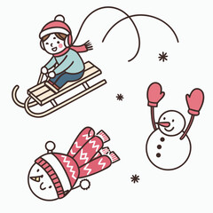 Winter fun with sledding, ice skating and a snowman