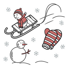 Sledding and snowman scene with winter accessories