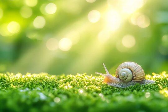 selective focus snail shell on green moss bed - Powered by Adobe