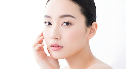 Bright Portrait of Asian Woman Applying Product to Cheek