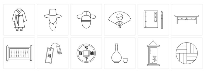 Korean Traditional Costume and Historical Objects Line Icons, Hanbok and Folk Art.