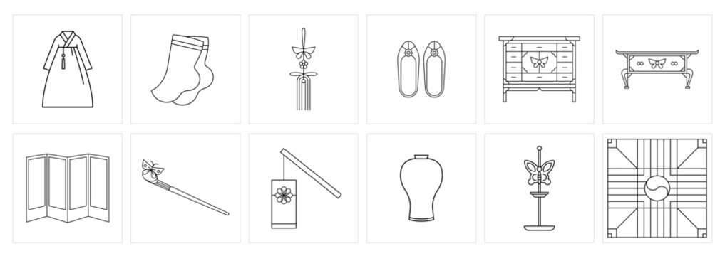 Korean Traditional Women's Fashion and Accessories Line Icons, Hanbok Items and Ornaments.