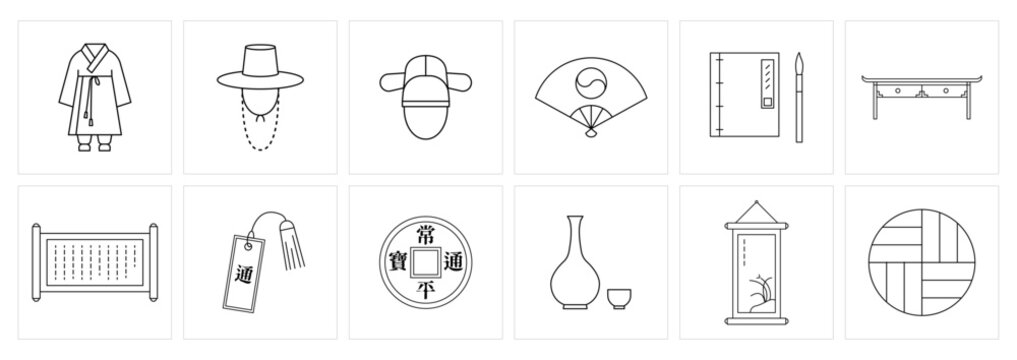 Korean Traditional Costume and Historical Objects Line Icons, Hanbok and Folk Art.