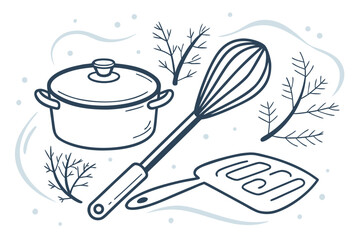 Winter Cooking Elements Pot Whisk Spatula Snowflakes