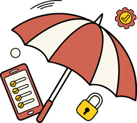 Flat vector illustration showing umbrella protecting laptop with lock and warning shield, symbolizing cybercrime risks, data breach alerts and online security for tech banners, apps and infographics.