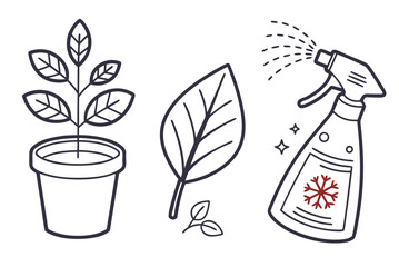 Potted Plant Leaf and Spray Bottle with Red Snowflake Keywords: plant, potted plant, leaf, spray