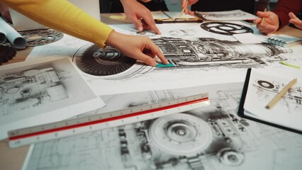 A diverse group of engineers engaged in brainstorming and collaboration over detailed technical sketches and design plans aimed at innovative machine concepts. SACTR - Powered by Adobe