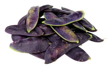 Group of fresh raw purple mangetout pods isolated on a white background