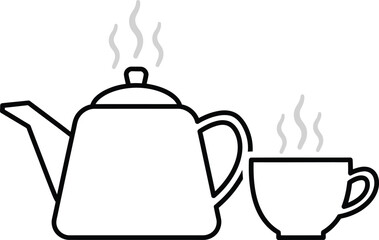 Black and white illustration of a teapot and a teacup with steam rising from them.
