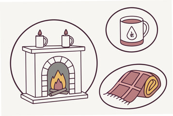 Fireplace with candles and mugs and rolled blanket Keywords: fireplace, hearth, fire, burning