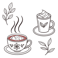 Hand Drawn Coffee Cups and Leaves on White Background