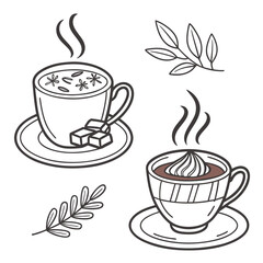 Hot Drinks with Steam and Chocolate Cubes Illustration