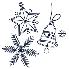 Christmas Ornaments and Snowflakes Line Art star bell