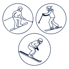 Skiers in Circles Line Art Icons skiing sport