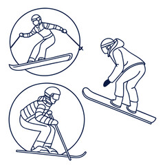 Three Skiers in Circles and Scattered Line Art skiing
