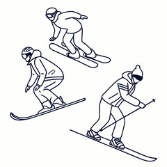 Three Skiers in Action Line Art Illustration skiing