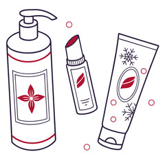 Winter Skincare Products with Snowflakes and Red Accents