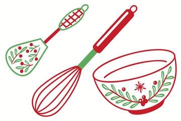Christmas Baking Utensils and Bowl With Berries whisk