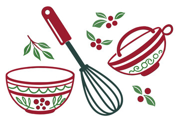 Christmas Baking Utensils Bowl And Loose Berries whisk