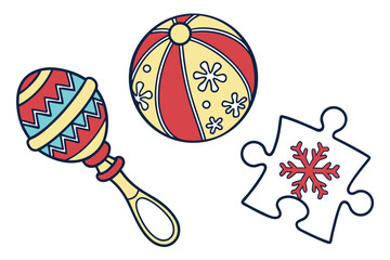 Colorful Baby Rattle Ball and Snowflake Puzzle Piece