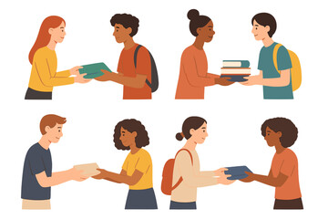 Fototapeta premium Diverse students exchanging textbooks and school supplies for education and academic learning