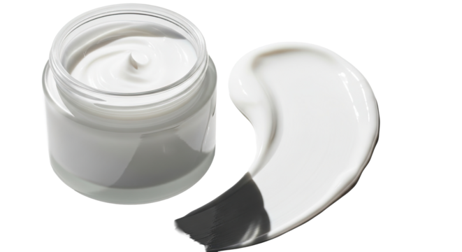 Frosted glossy jar and reflective lotion smear over white