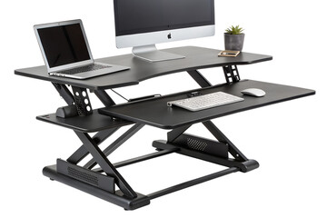 Modern adjustable standing desk setup with laptop and desktop computer display