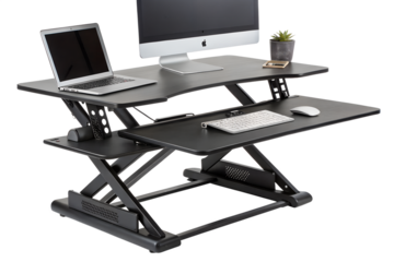 Modern adjustable standing desk setup with laptop and desktop computer display