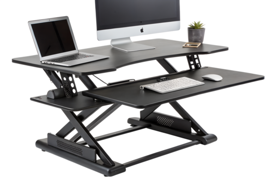 Modern adjustable standing desk setup with laptop and desktop computer display