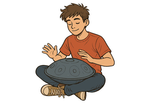 Young musician playing a handpan drum while sitting cross-legged with closed eyes