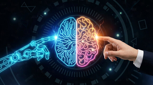 Conceptual image of a human hand and robot hand touching a glowing, circuit-patterned brain, symbolizing artificial intelligence and human interaction