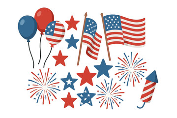 Patriotic American holiday celebration elements set with flags, balloons, stars, and fireworks