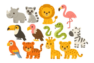 Naklejka premium Adorable set of cartoon African and tropical wild animals characters for children