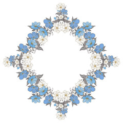 An elegant diamond shaped wreath of soft blue and white flowers. Ideal for card, formal ,wedding invitations or romantic themes.