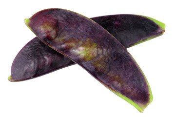 Group of fresh raw purple mangetout pods isolated on a white background