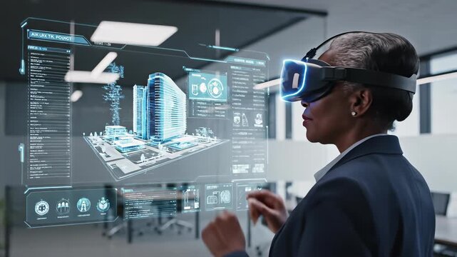 Professionally dressed woman in business attire with VR headset, immersed in virtual reality experience at office desk, conceptually representing the idea of embracing technology to stay ahead.