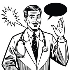 Pop Art Comic Doctor Waving Hand Vector Illustration
