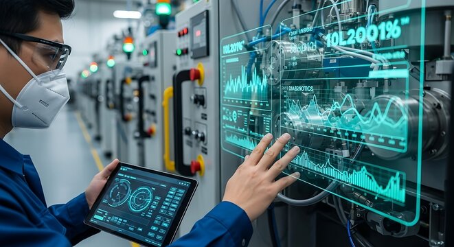 Engineer analyzing data on a digital screen in a factory. - Powered by Adobe