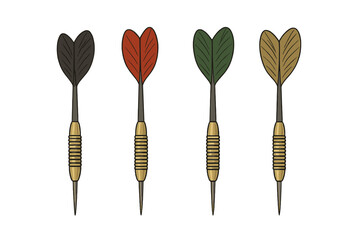 Four colorful darts with metal tips and heart-shaped flights for pub games