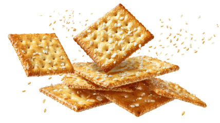 Crispy sesame crackers falling in dynamic arrangement showing detailed texture and golden baked surface isolated on white background