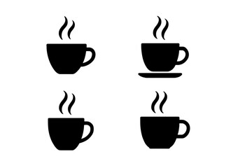 Obraz premium Four steaming hot beverage cup icons in black silhouette style