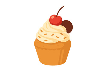 Sweet vanilla cupcake with cream frosting cherry and chocolate decoration