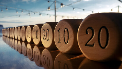 Dynamic wooden number blocks reflecting on glossy surface for creative projects