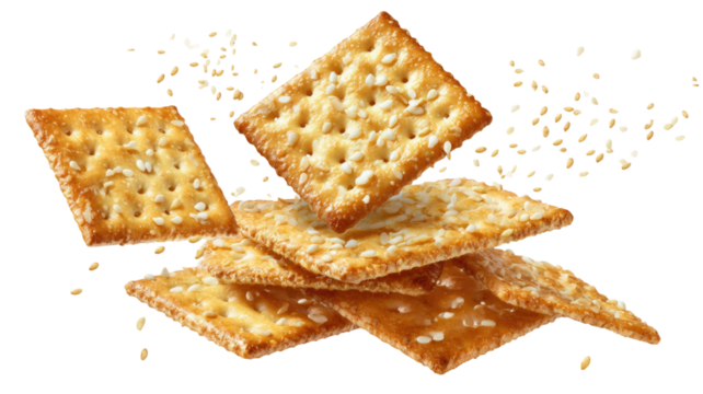 Crispy sesame crackers falling in dynamic arrangement showing detailed texture and golden baked surface isolated on white background