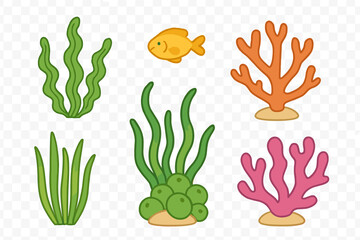 Colorful cartoon sea plants and tropical fish icons collection