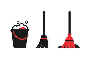 Household cleaning tools icons featuring bucket, broom, and mop