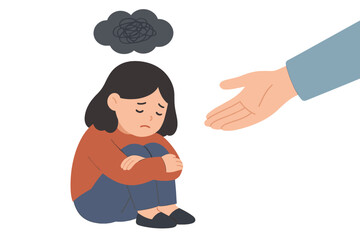 Fototapeta premium Lonely child receiving helping hand gesture with dark thought cloud