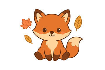 Obraz premium Cute baby fox sitting among falling autumn leaves